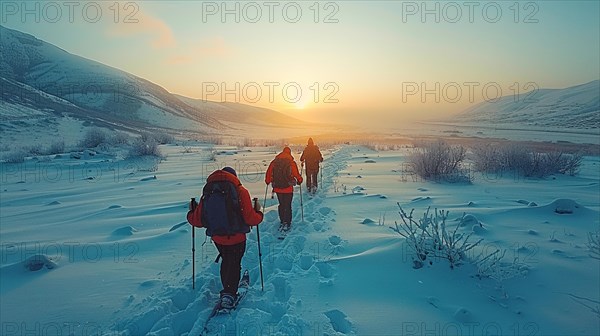 Group of hikers walking in snow-covered mountainous landscape during a sunset, AI generated