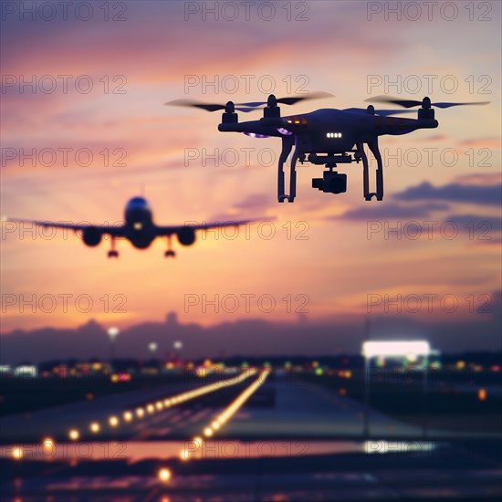 A drone in the foreground with a landing aircraft at sunset in the background, drone, attack, AI generated