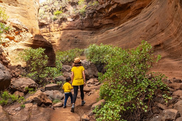 Walking on a child in the limestone canyon Barranco de las Vacas on Gran Canaria, Canary Islands