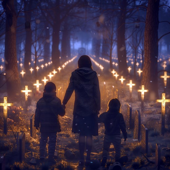 Back view of a family in an illuminated cemetery at dusk, war, war graves, military cemetery, AI generated