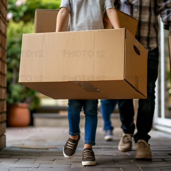 People carrying apartment relocation boxes out of a house, apartment relocation, apartment relocation, housing shortage, AI generated