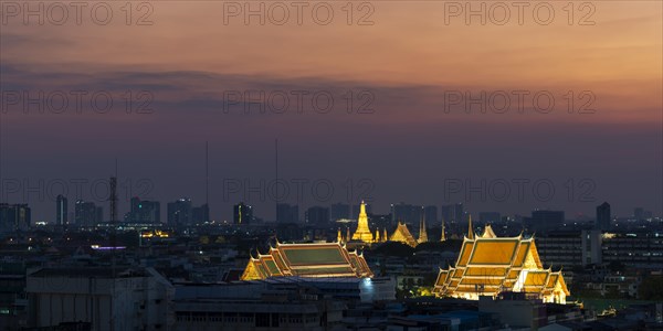 Panorama from Golden Mount to the illuminated Wat Ratchabophit, Wat Rachapradit, Wat Pho and Wat Arun, Bangkok, Thailand, Asia