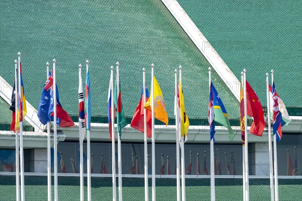 Many flags in front of the United Nations Conference Centre, Bangkok, Thailand, Asia