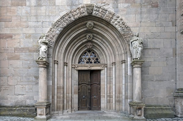 Early Gothic entrance portal with leaf masks of the Ebrach monastery church, Ebrach, Lower Franconia, Bavaria, Germany, Europe
