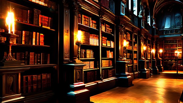 AI generated old library with antique wooden bookshelves