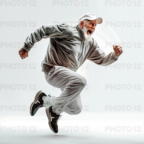 An older man with a baseball cap jumps energetically in grey sportswear, run, start, advertising, special offer, AI generated
