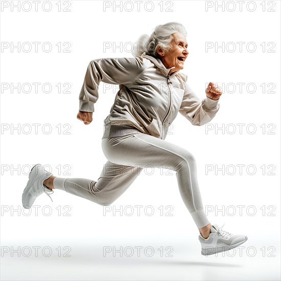 Older woman in grey sportswear runs with energy on a white background, start running, start, advertising, special offer, AI generated