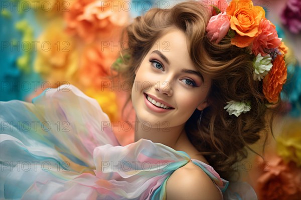 Smiling young woman with elegant bridal hairdo and colorful flowers. KI generiert, generiert, AI generated