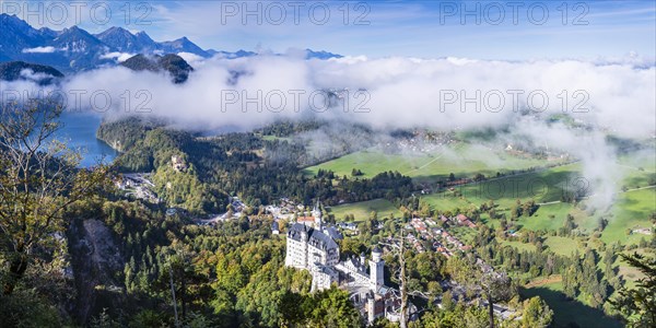 Neuschwanstein Castle and the Alpsee, near Hohenschwangau, Romantic Road, Ostallgaeu, Bavaria, Germany, Europe