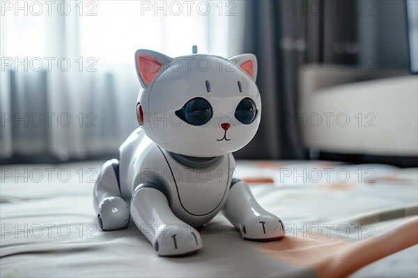 Cute white robotic cat on living room floor. KI generiert, generiert, AI generated