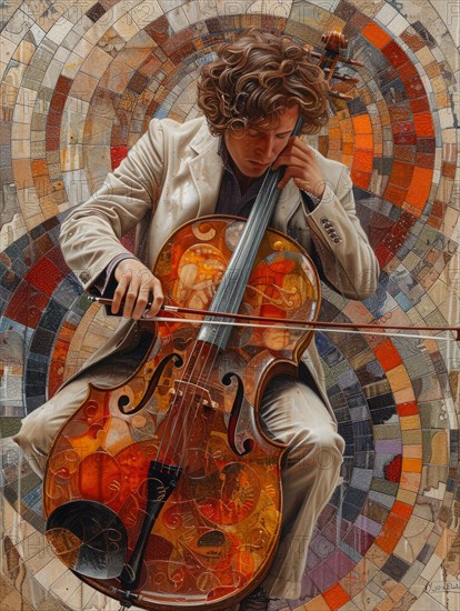 A realistic painting of a cellist playing against a vibrant mosaic background, AI Generated, AI generated