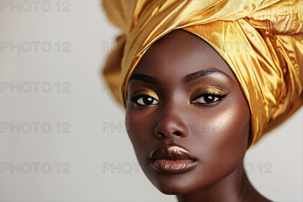 Beautiful black african american woman with golden turban. KI generiert, generiert, AI generated