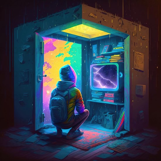 Exploring the unknown: surreal cosmic space wardrobe gateway with vibrant colors and a hooded male figure, a creative digital illustration of an interstellar adventure in a magical otherworldly realm, AI generated