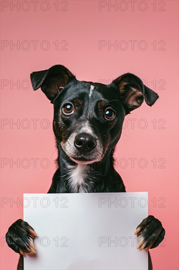 Dog holding empty white sign in front of pink studio background. KI generiert, generiert, AI generated