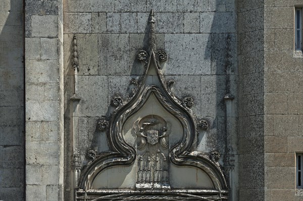 Ornament above the side entrance of Notre Dame de l'Assomption Cathedral, Lucon, Vendee, France, Europe
