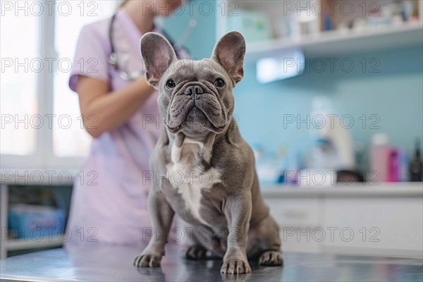 Bulldog dog at vet. Sitting on examination table at veterinary practice clinic. KI generiert, generiert, AI generated