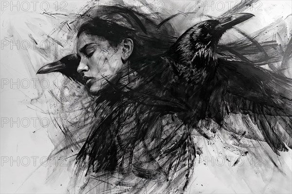 A drawing of a relaxed woman, united with two ravens in monochrome colours, raven woman, cover design, AI generated, AI generated