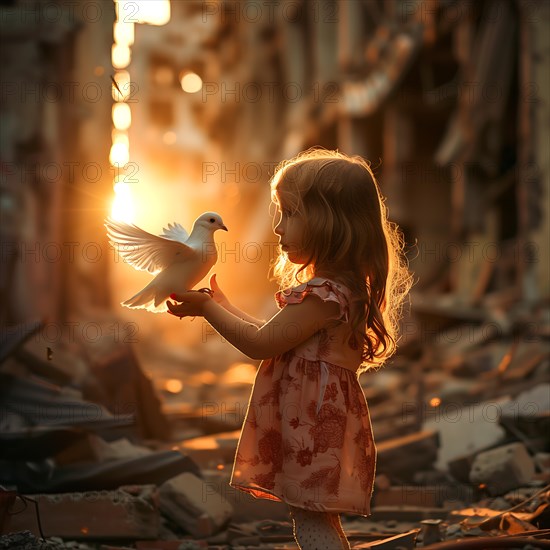A child stands between ruins and holds a dove, the light of the sunset surrounds her, destroyed houses, war, dove of peace, AI generated