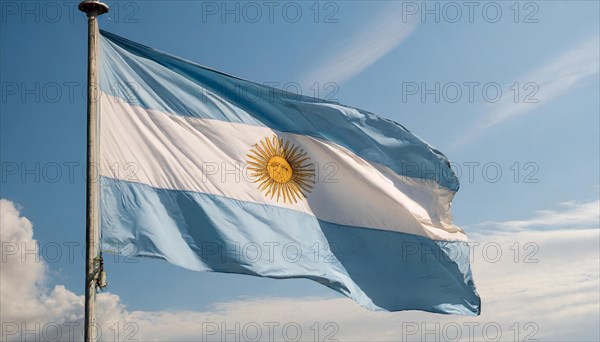 The flag of Argentina flutters in the wind, isolated against a blue sky