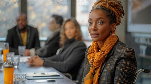 Focused individuals in professional attire attentively participating in a conference, AI generated