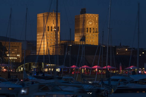 Illuminated Oslo City Hall, Aker Brygge, Oslo, Norway, Europe