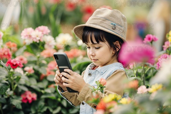 A girl in a hat looks intently at her smartphone in a flower garden, AI generated, AI generated