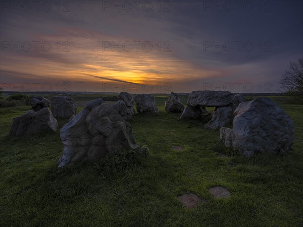 Luebbensteine, two megalithic tombs from the Neolithic period around 3500 BC on the Annenberg near Helmstedt, here the southern tomb A (Sprockhoff no. 316) at sunset, Helmstedt, Lower Saxony, Germany, Europe