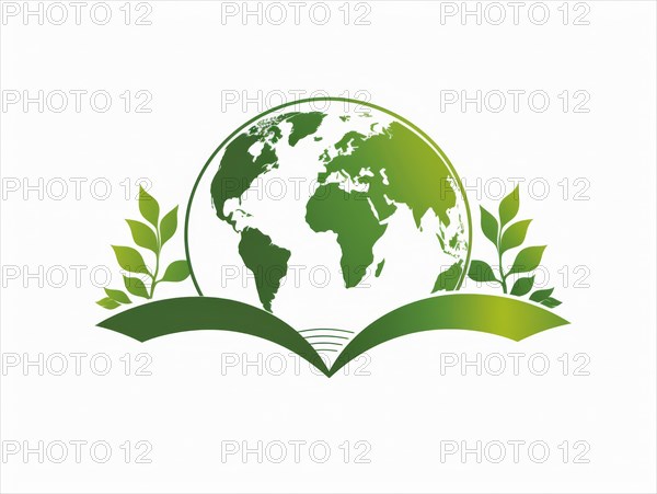 Graphic of the Earth with leaves and an open book symbolizing environmental education, ai generated, AI generated