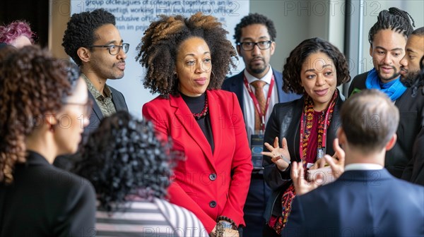 A diverse group of business colleagues engaged in a conversation led by a woman, AI generated