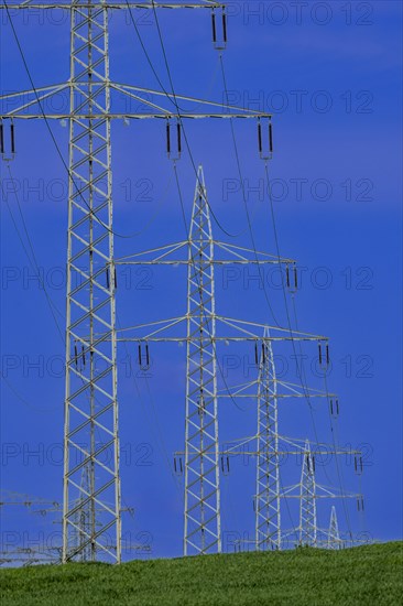 Power pylons with high-voltage lines at the Avacon substation in Helmstedt, Helmstedt, Lower Saxony, Germany, Europe