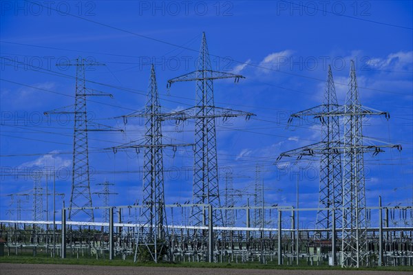 Power pylons with high-voltage lines at the Avacon substation in Helmstedt, Helmstedt, Lower Saxony, Germany, Europe