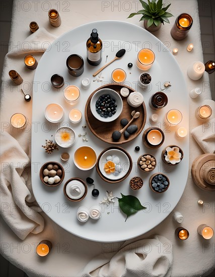 Serene spa setting captured from above, featuring candles, essential oils, and natural elements, AI generated