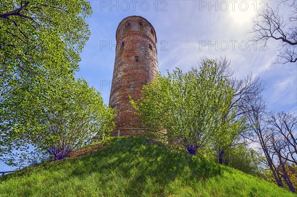 Brick tower of St Blasius Church, Kaufbeuern, Allgaeu, Swabia, Bavaria, Germany, Europe