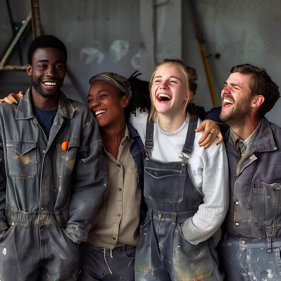 Four people in work clothes laughing and sharing a happy moment, group picture with people in work clothes of different nationalities and cultures, AI generated