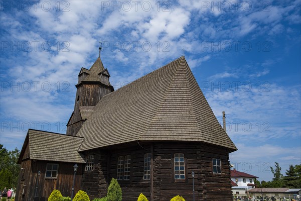 Schoenfeld Schrothholzkirche Hl. Dreifaltigkeit, a heritage-protected building from 1623 in Krzywiczyny (Schoenfeld), Gmina Wolczyn, Kluczbork district, Opole voivodeship, Poland, Europe