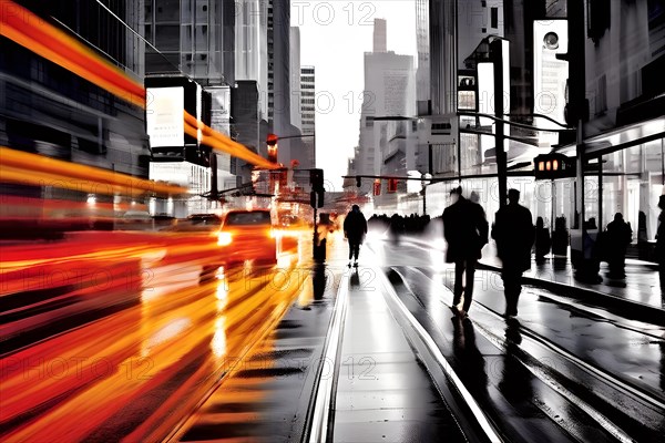 AI generated bustling street scene monochromatic snapshot with colorful digital elements