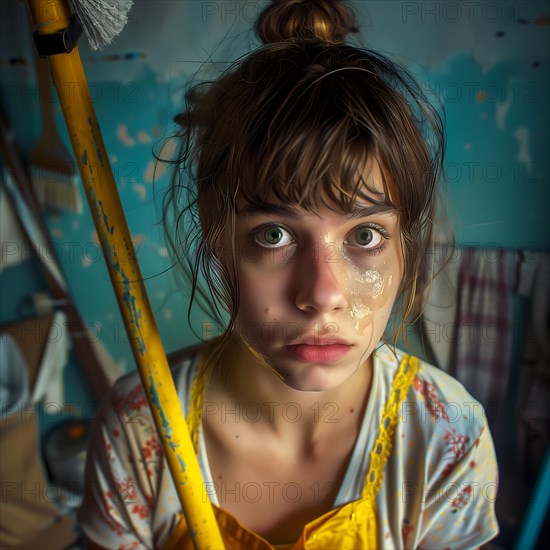 Girl with paint splashes on her face stands surprised in a room in need of renovation, no desire to clean up, AI generated