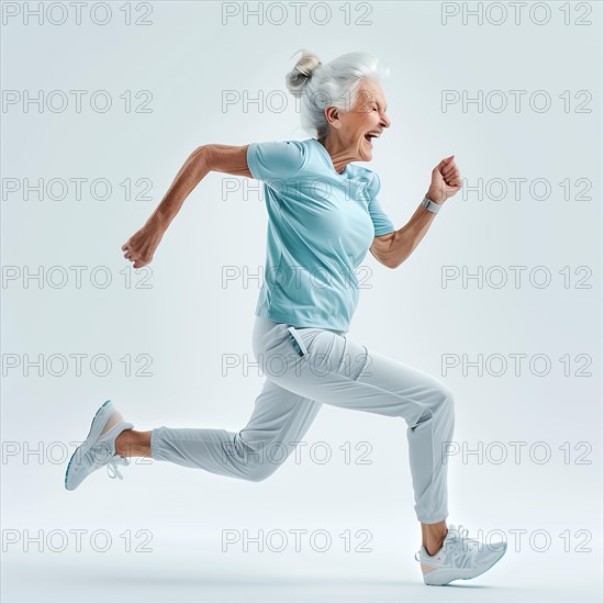 Cheerful older woman runs in light blue sportswear with seemingly effortless ease, run, start, advert, special offer, AI generated