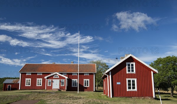 Falun red or Swedish red painted houses, farm, Geta, Aland, or Aland Islands, Gulf of Bothnia, Baltic Sea, Finland, Europe