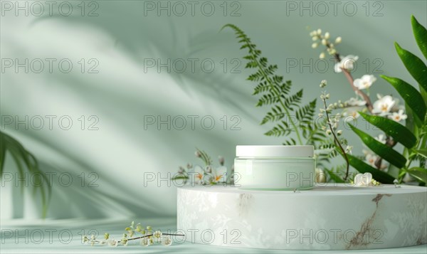 Aloe vera gel product promotion featuring a blank jar mockup showcased on a marble produce podium AI generated