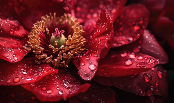 Close-up of a red peony with raindrops glistening on its petals AI generated