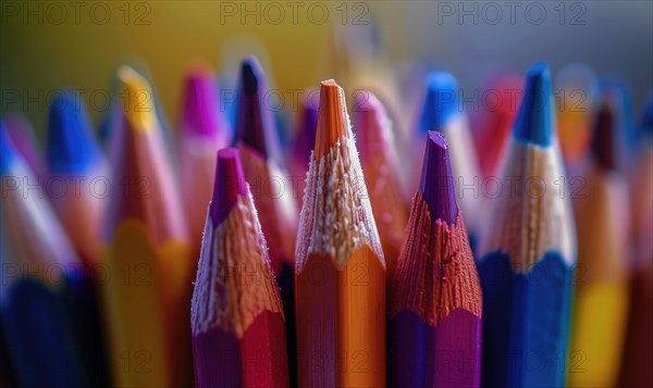 Close-up of a bunch of colored pencils, abstract background with colored pencils macro view AI generated