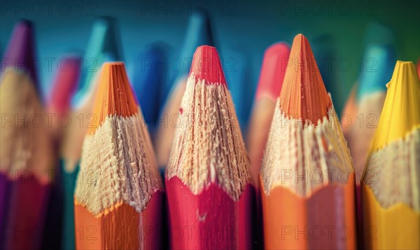 Close-up of a bunch of colored pencils, abstract background with colored pencils macro view AI generated