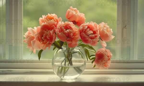 A vase filled with coral peonies on a windowsill AI generated