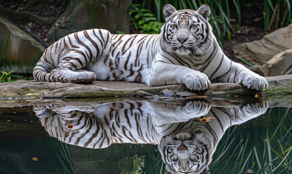 A white tiger lounging gracefully by a tranquil pond AI generated