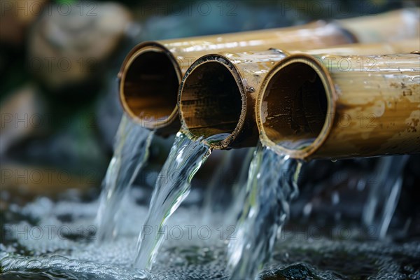 Water flowing through wooden bamboo pipes. KI generiert, generiert, AI generated