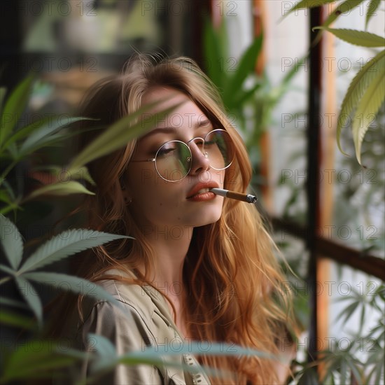 Woman with round glasses calmly smoking a cigarette, surrounded by houseplants, AI generated