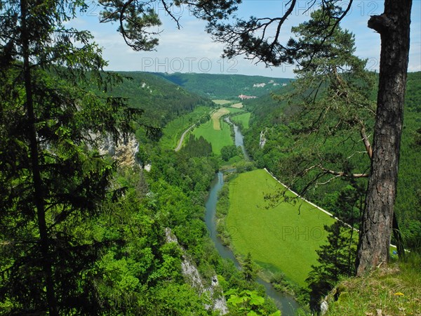 View of the Upper Danube valley from the Knopfmacherfelsen rock, nature park, Tuttlingen district, Baden-Wuerttemberg, Germany, Europe