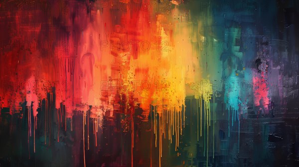 Abstract painting with vivid red, orange, and yellow drips resembling an urban scene, ai generated, AI generated