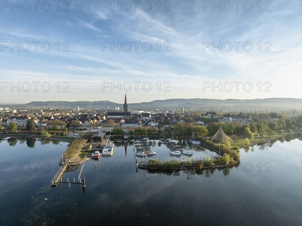 Aerial view of the town of Radolfzell on Lake Constance in spring-like vegetation with the Waeschbruck harbour, harbour pier and concert sail, district of Constance, Baden-Wuerttemberg, Germany, Europe
